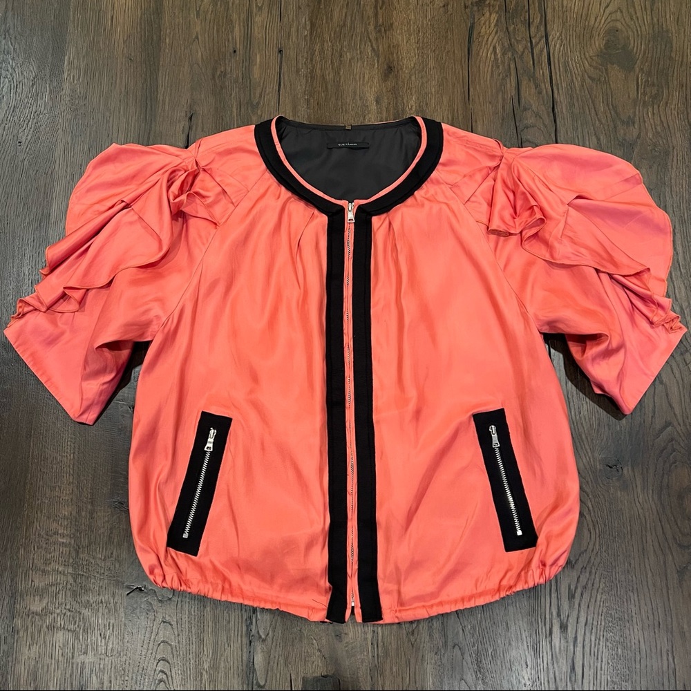 Elie Tahari Pink Zip-Up Ruffle Sleeve Jacket